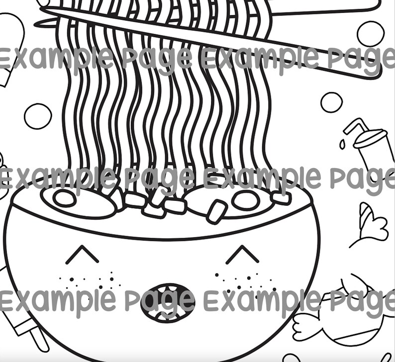 May include: Black and white line art illustration of a bowl of ramen with a smiling face. Chopsticks hold noodles above the bowl, with additional food items and a drink in the background. A fun, cartoon-style drawing.