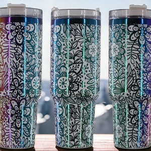 40oz Floral Wrap White/Rainbow Engraved Tumbler