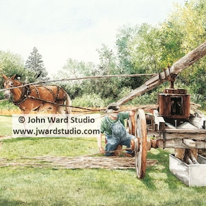 May include: A watercolor painting of a vintage wooden cider press with a mule pulling it. Two people are operating the press. The scene is set in a rural landscape with trees and grass.
