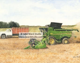 John Deere Combine Harvester Art Print by John L. Ward, John Deere farm art, combine harvester grain truck art John Deere country primitive