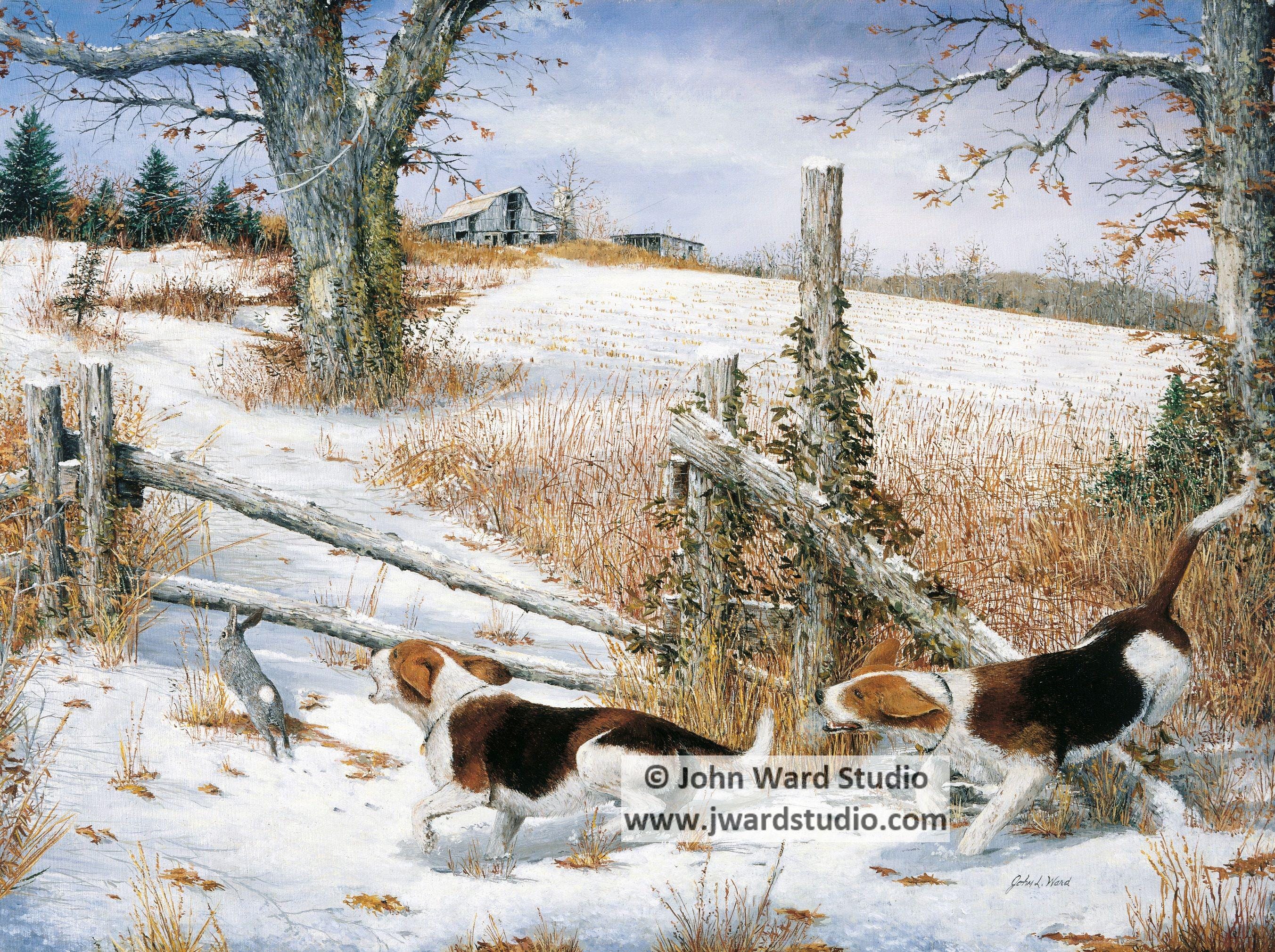Painting Beagle Hunting Hare On The Jump Beagle Art Print By