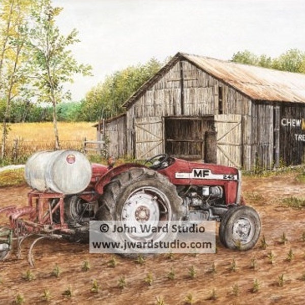 Springtime Planting Art Print by John Ward, Massey Ferguson Tractor, Tobacco Setter, Chew Mail Pouch Tobacco Barn, Tobacco Tractor Print