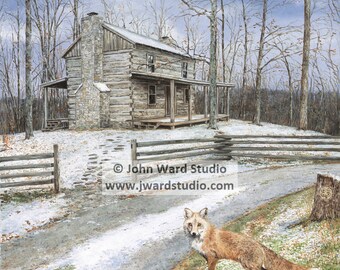 Winter Moments Art Print by John Ward, Fox in Forest Landscape, Kentucky 4-H Print, Kentucky Proud Art, Fox Art Wall Decor, Winter Cabin