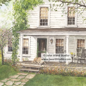 Lazy Day Art Print by John L. Ward, Summer Farmhouse Porch Print, White Farmhouse Wall Home Decor, Primitive Americana Home Wall Decoration