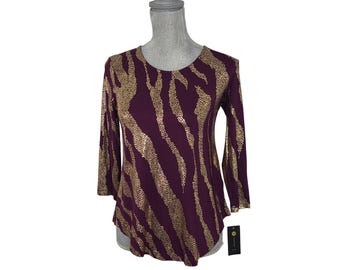 Blusa JM Collection Feminina Marrom Dourada Manga 3/4 Petite Nova com Etiqueta