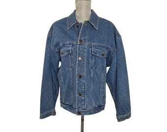 Jaqueta Jeans Trucker Vintage Eddie Bauer Pequena Pequena Azul Botão Jeans Algodão