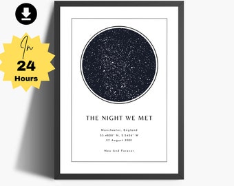 May include: A black and white printable poster with a star map of the night sky. The poster has the text "The Night We Met" and includes the location, date, and coordinates of Manchester, England.