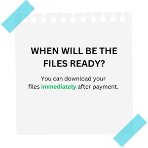 K&ouml;nnte beinhalten: Ein wei&szlig;er Zettel mit einem blauen Haftnotiz oben und unten. Der Zettel sagt "WHEN WILL BE THE FILES READY? You can download your files immediately after payment."