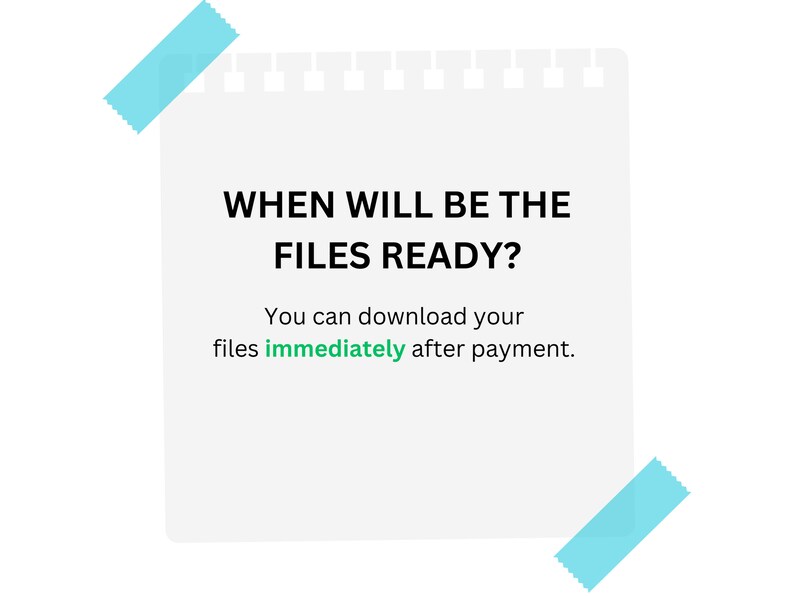 K&ouml;nnte beinhalten: Ein wei&szlig;er Zettel mit einem blauen Haftnotiz oben und unten. Der Zettel sagt "WHEN WILL BE THE FILES READY? You can download your files immediately after payment."