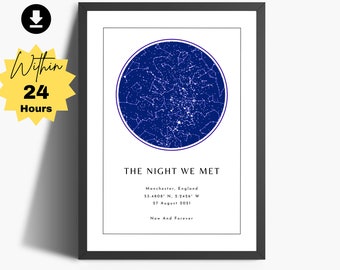 May include: A printable poster with a navy blue star map showing the night sky over Manchester, England on August 27, 2021. The text "THE NIGHT WE MET" is printed below the star map, along with the coordinates 53.4808 N, 2.2426 W and the phrase "Now And Forever".