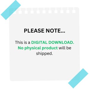 K&ouml;nnte beinhalten: Ein wei&szlig;er Zettel mit einem blauen Haftnotiz auf jeder Ecke. Der Zettel lautet "PLEASE NOTE... This is a DIGITAL DOWNLOAD. No physical product will be shipped."