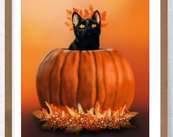 Black Cat and Pumpkin Art Print, Giclee Print, Fall Art, Halloween Art, Black Cat Art, Autumn Art, Wall Decor, Cat Lover, Cat Gift, Witchy