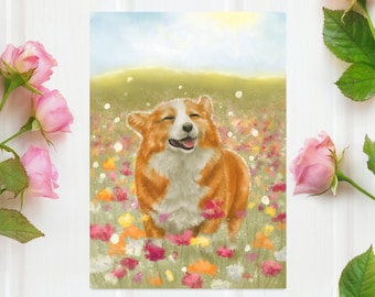 Happy Corgi Giclee Art Print: Sunny Flower Field