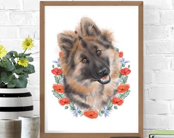 German Shepherd Floral Wreath Art Print, Giclee Print, German Shepherd Art, German Shepherd Dog, Dog Lover, Dog Gift, Alsation, Dog Art