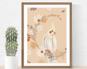 Giclée d'art floral calopsitte : décoration d'intérieur d'oiseau botanique