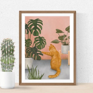 Gato con plantas Arte Impresión, Impresión Giclee, Impresión de gato, Impresión de plantas, Decoración del hogar, Amante de los gatos, Arte del gato, Gato jengibre, Ilustración, Regalo del gato