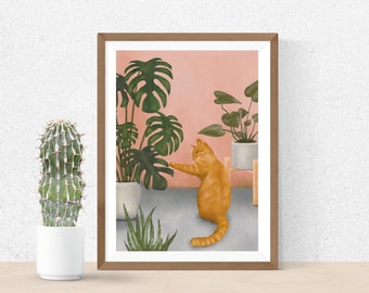 Cat with Plants Art Print, Giclee Print, Cat Print, Plant Print, Home Decor, Cat lover, Cat art, Ginger Cat, Illustration, Cat Gift