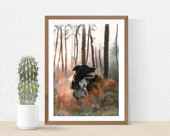 Border Collie Art Print: Forest Dog Giclee Print