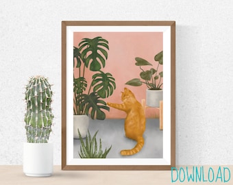 Downloadable Cat with Plants Art Print, Printable, Cat Print, Poster, Home Decor, Cat lover, Cat art, Ginger Cat, Illustration, Cat Gift