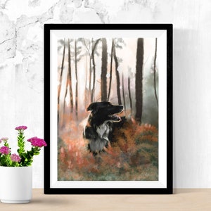 May include: Framed art print depicting a black and white dog in a forest. The dog is in the foreground, amidst orange and green plants. The background shows tall trees and soft light, creating a serene atmosphere.