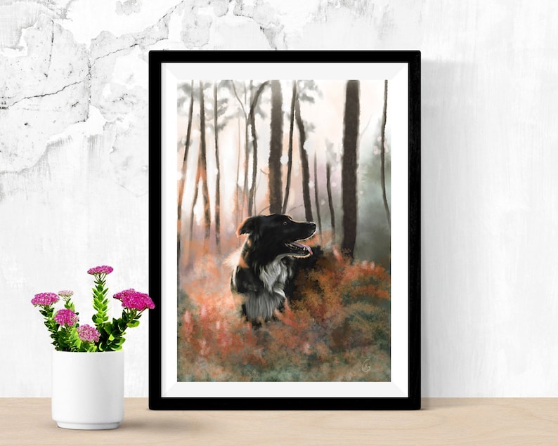 May include: Framed art print depicting a black and white dog in a forest. The dog is in the foreground, amidst orange and green plants. The background shows tall trees and soft light, creating a serene atmosphere.