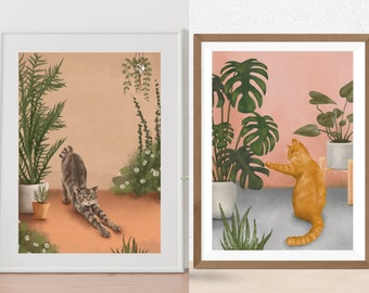 Cat with Plants Art Print Set: Giclée Home Decor