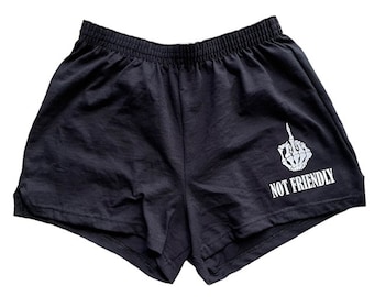NOT FRIENDLY Womens Shorts, Black Womens Shorts, Gifts for Her, Clothes for Her, Skeleton Hand, Offensive Gift