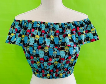 Universal Monsters B-Movie  Horror Movie/ Goth/ Punk/ Off Shoulders Ruffled Elasticized Cropped Top. Choose Your Size. S-2XL