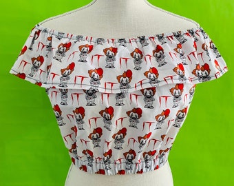 IT Horror Movie/ Goth/ Punk/ Off Shoulders Ruffled Elasticized Crop Top. Choose Your Size. S-2XL