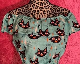 Vintage Kitten Ruffled Off Shoulders Pinup Crop Top. Choose your Size