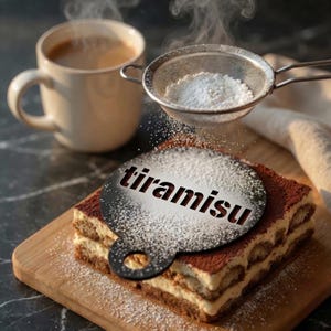 Pode incluir: Uma fatia de tiramisu polvilhada com açúcar de confeiteiro através de um estêncil. A palavra "tiramisu" é visível no estêncil. Uma xícara de café está ao lado da sobremesa em uma tábua de madeira. Vapor sobe do café e da sobremesa.