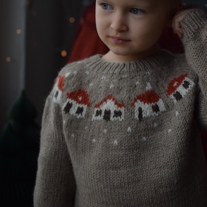 Sweethome Sweater Kids knitting pattern design PDF tutorial in English Christmas Sweater Jumper for baby Stranded colorwork Cute houses