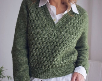 Boston Pullover Knitting Pattern: Textured V-Neck Raglan (PDF Pattern)