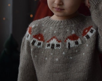 Kids Christmas Sweater Knitting Pattern: Stranded Colorwork Houses (PDF)