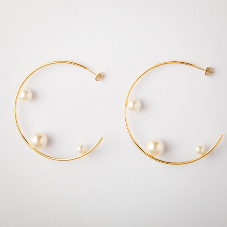 Charlotte Large Circle Hoop Earrings Gold Plated Brass Sterling Silver Pair Stud Earrings Pearl Hoop Earrings Statement Earrings