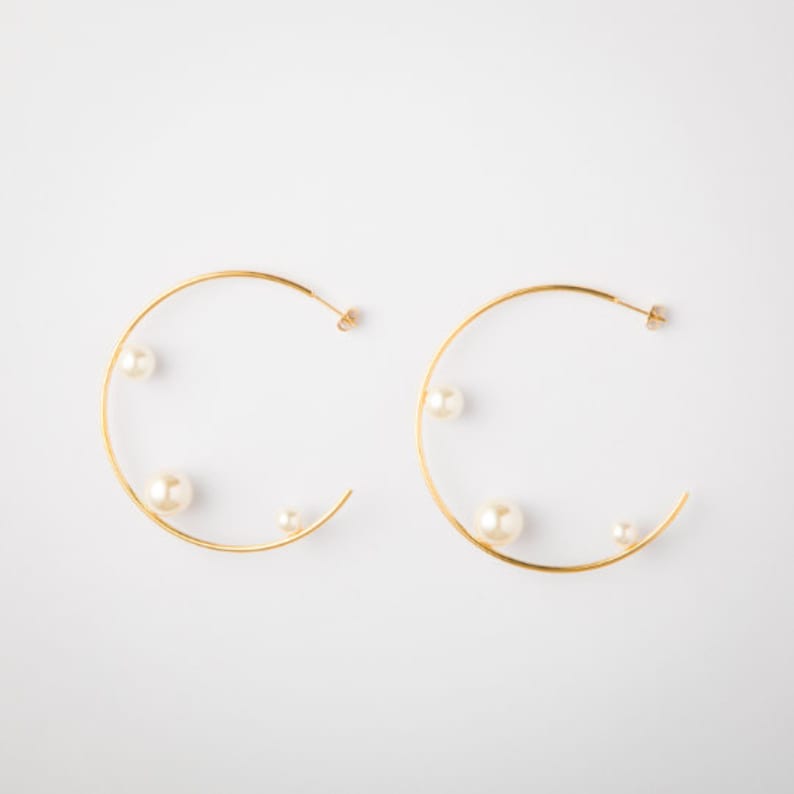 Charlotte Large Circle Hoop Earrings Gold Plated Brass Sterling Silver Pair Stud Earrings Pearl Hoop Earrings Statement Earrings