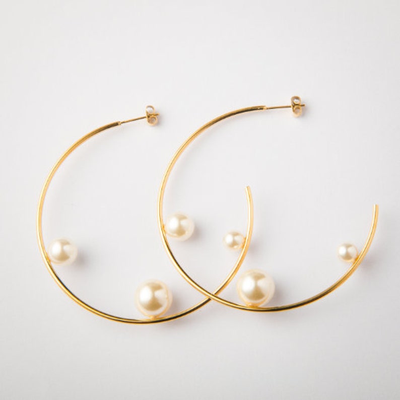 Charlotte Large Circle Hoop Earrings Gold Plated Brass Sterling Silver Pair Stud Earrings Pearl Hoop Earrings Statement Earrings