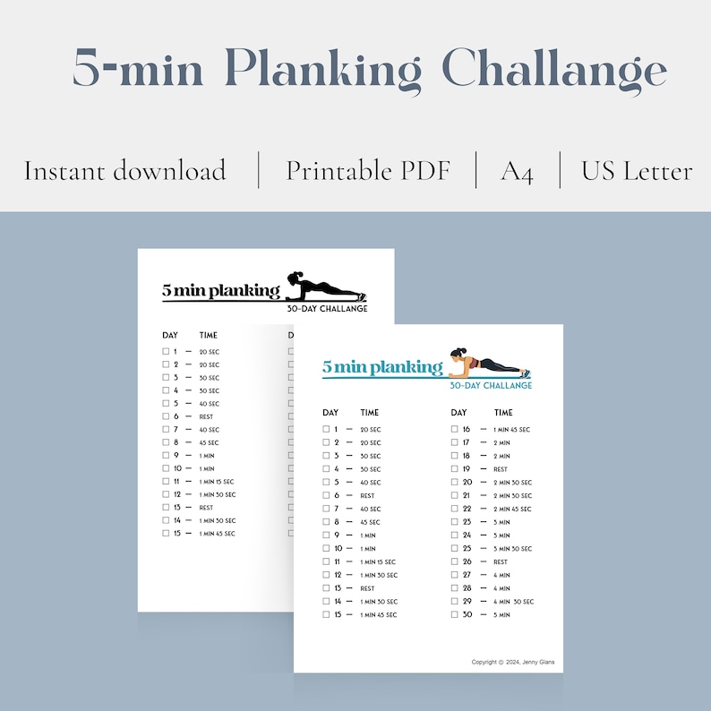 30-day Plank Challenge Printable - 5-minute Planking Goal | A4 and US ...