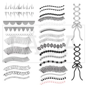 May include: A collection of black and white lace trim designs, including wavy, scalloped, and floral patterns. There are also two black and white corset lacing designs with a bow at the top.