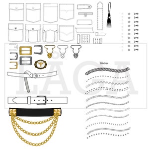 May include: A line drawing of various sewing and tailoring supplies, including different types of pockets, belt buckles, stitches, and hardware. The image includes the word "Stitches" in the center.