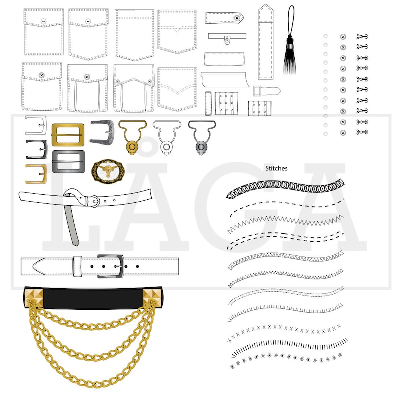 May include: A line drawing of various sewing and tailoring supplies, including different types of pockets, belt buckles, stitches, and hardware. The image includes the word "Stitches" in the center.