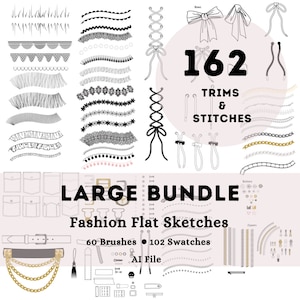 162 trim brushes and swatches for technical flat sketches in Adobe Illustrator. Stitches, trims, zippers, button etc. Large bundle!