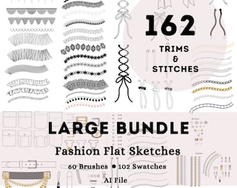 Adobe Illustrator Trim Brushes & Swatches: 162 Fashion Flat Sketch Elements (illustrator file)