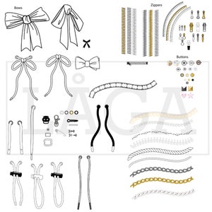 May include: A collection of sewing and crafting supplies, including bows, zippers, buttons, chains, and cords. The image also includes a ruler and a few other tools.