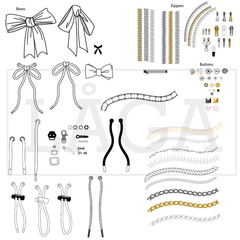 May include: A collection of sewing and crafting supplies, including bows, zippers, buttons, chains, and cords. The image also includes a ruler and a few other tools.