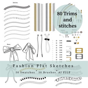 Illustrator Trim Brushes: Stitches, Zippers, Buttons (AI File)