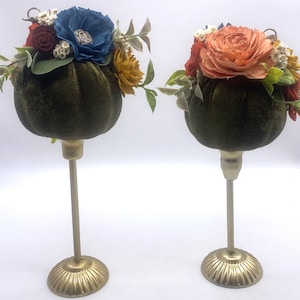 Faux Velvet Pumpkin Candlesticks with Sola Wood Flowers