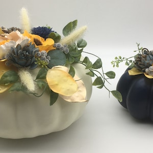 Set of Cream & Navy Pumpkins with Sola Wood Flowers