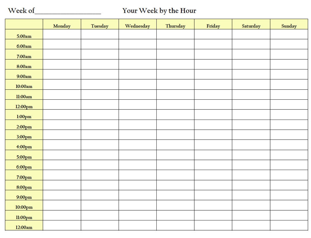 your-week-by-the-hour-yellow-color-hourly-weekly-planner-printable-spreadsheet-student-work-weekly-planner-hourly-planner-etsy