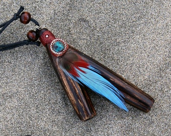 Necklace Kuripe ~ Kuripi Self Applicator | Made of Chonta Wood | Decorated with Peruvian Turquoise, Macaw Feather and A piece of Aya Vine